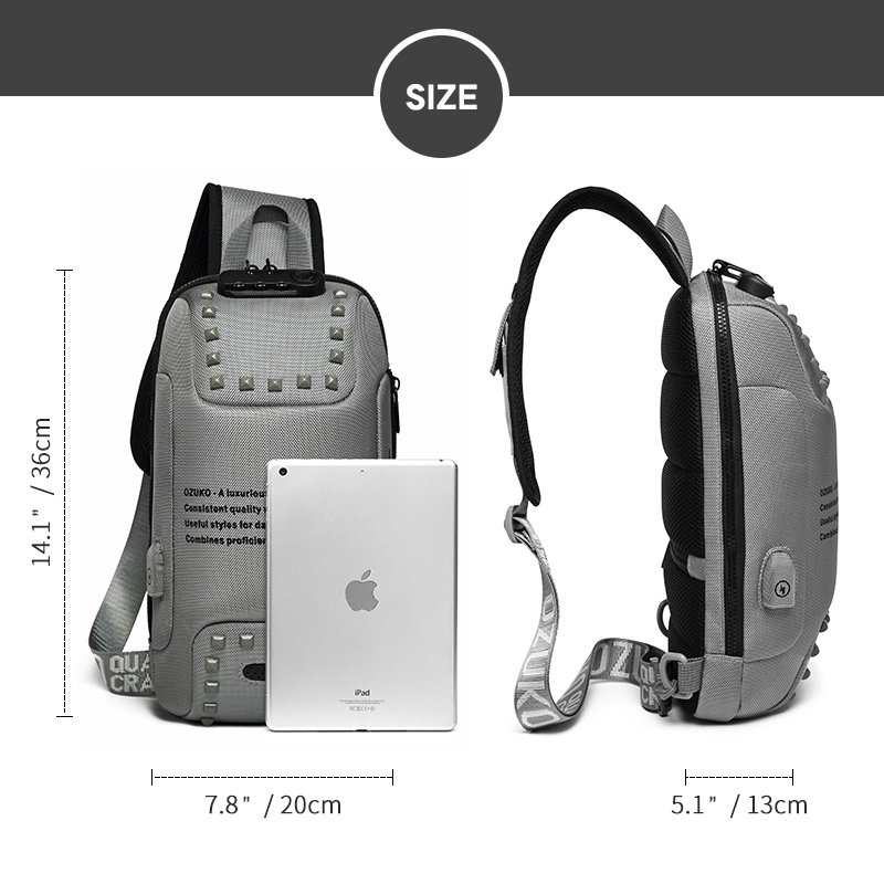 Túi đeo chéo OZUKO chống trộm có cổng sạc USB thời trang cho nam