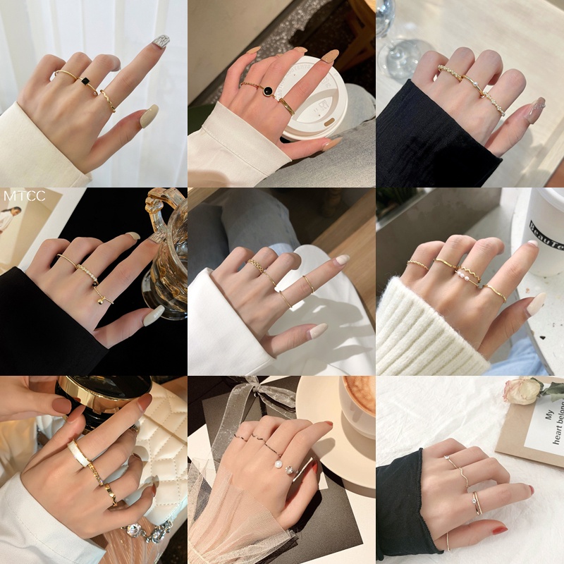 Bộ Nhẫn Kim Loại Kiểu Dáng Hình Học Đơn Giản Phong Cách Retro