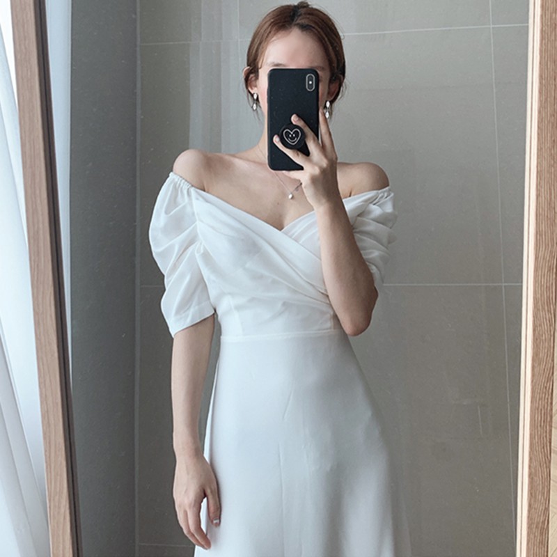 Váy dự tiệc vai bồng tiểu thư cổ V đan chéo suông dài thanh lịch