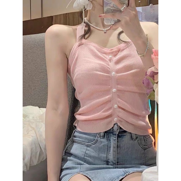 Áo Yếm Hở Lưng Nữ Tính 2 Dây Cotton Len Tăm Ôm Dáng Body Gợi Cảm 0168