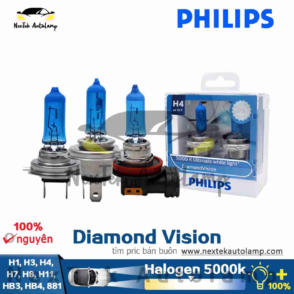 Philips Diamond Vision H1 H3 H4 H7 H8 H11 HB3 881 H27 Đèn Pha Xe Halogen 5000K Đèn Sương Mù ánh Sáng Trắng