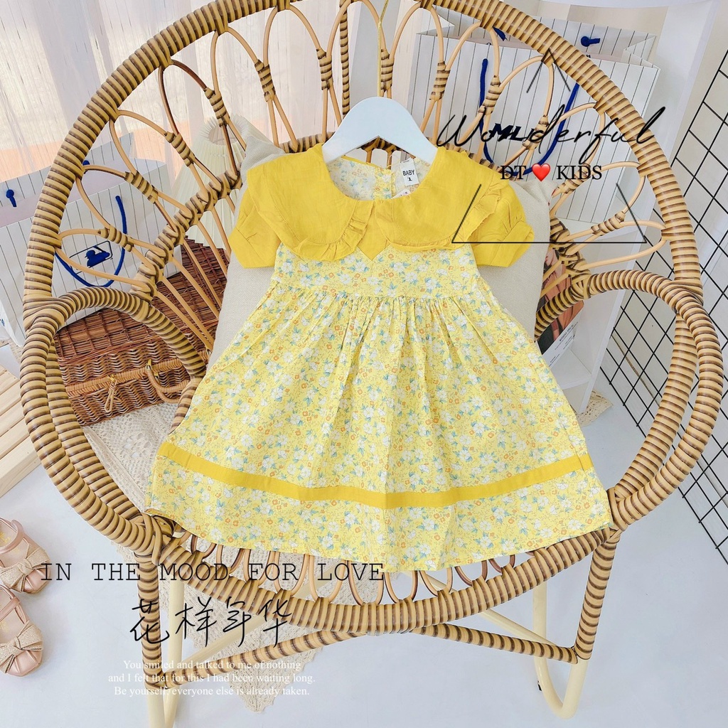 [V24] Váy Xòe Tay Bông Phối Ren Họa Tiết Hoa Cho Bé Gái Chất Vải Đũi Mịn Đủ Size Từ 8-18Kg VNXK Nhật-Hàn