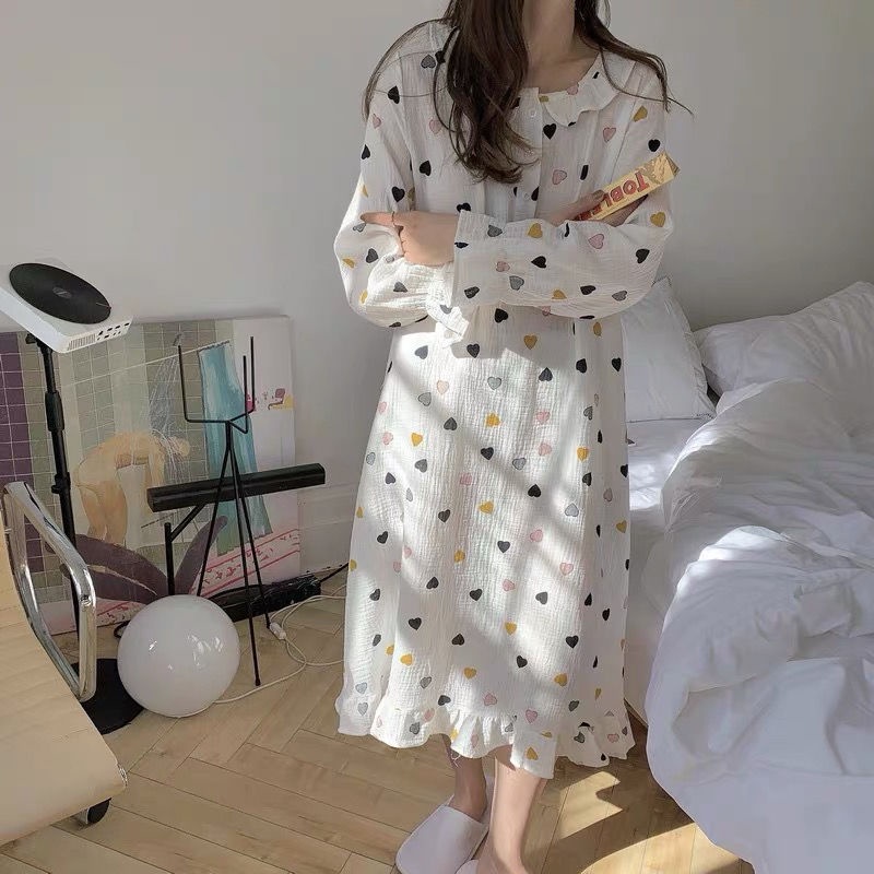 Đồ ngủ tay dài dáng rộng in họa tiết trái tim phong cách Hàn Quốc thời trang cho nữ