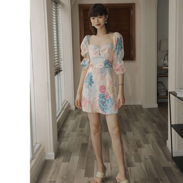 Đầm Nữ Tay Phồng Cổ Vuông Họa Tiết Sơn Dầu Thời Trang | BigBuy360 - bigbuy360.vn