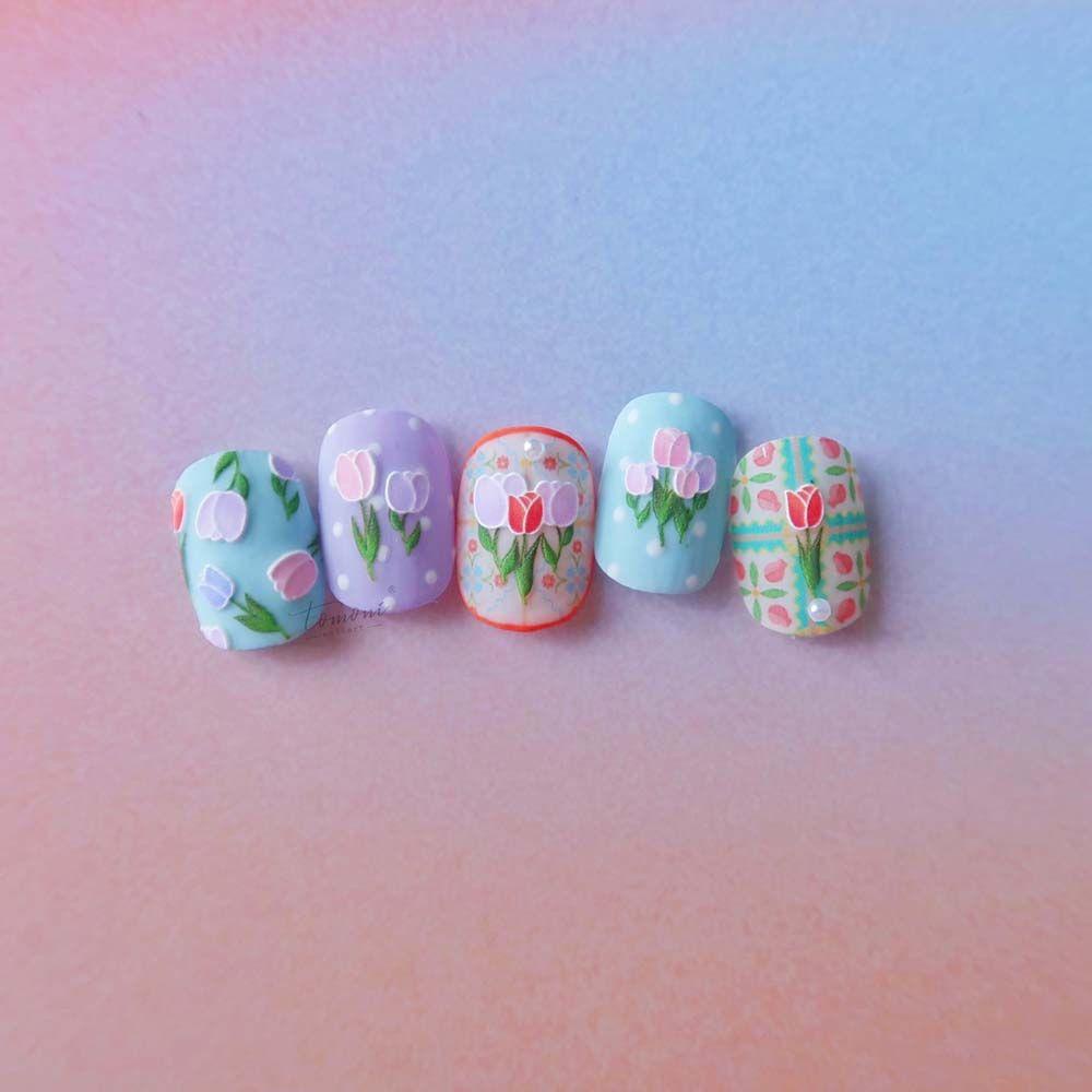 Miếng Dán Trang Trí Móng Tay Tự Dính Họa Tiết Hoa Tulip 5D Kiểu Nhật Bản Thời Trang Xuân Hè