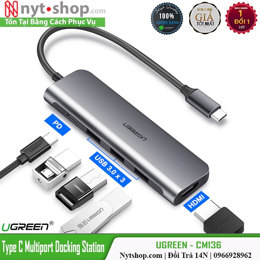 Hub Mở Rộng Usb TypeC Sang HDMI, Vga, Usb 3.0 Và Cổng Sạc PD UGreen Chính Hãng CM136