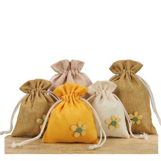 Túi Vải Bố Dây Rút Đính Hoa Cúc Gỗ Đựng Cà Phê, Hoa Khô, Qùa Tặng, Đồ Handmade