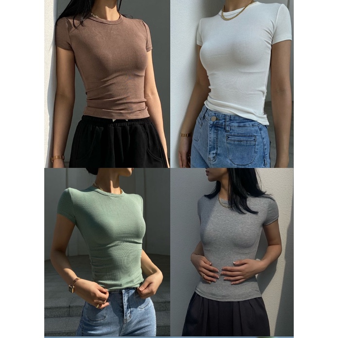 Siêu Dễ Mặc · Phong Cách Châu Âu Mỹ Mỏng Hơn Nhìn Skinny Ngắn Top Cao Cấp Cắt Cổ Tròn Nửa Tay Áo Thun Gợi Cảm Slim-Fit Ren Top Phong Cách Cơ Bản Màu Nguyên Chất Bề Mặt Trơn Bott