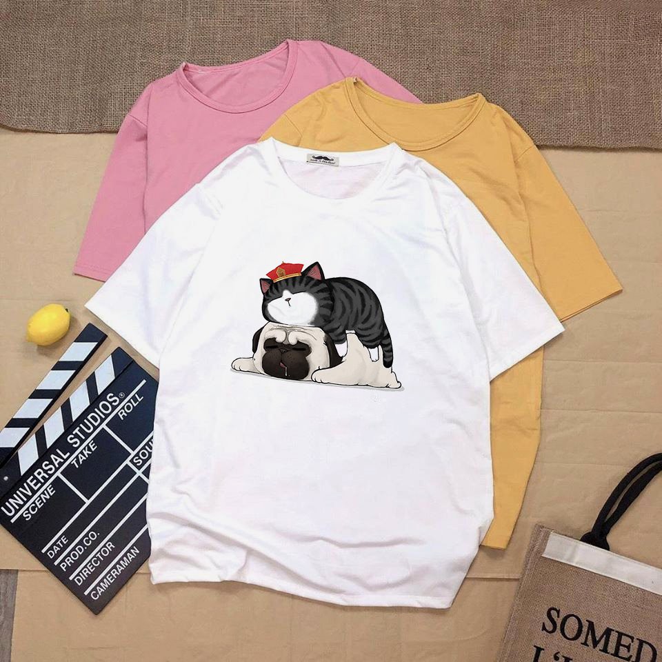 Áo thun tay lỡ unisex mèo hoảng thượng và pug vải dày mịn 20N1257