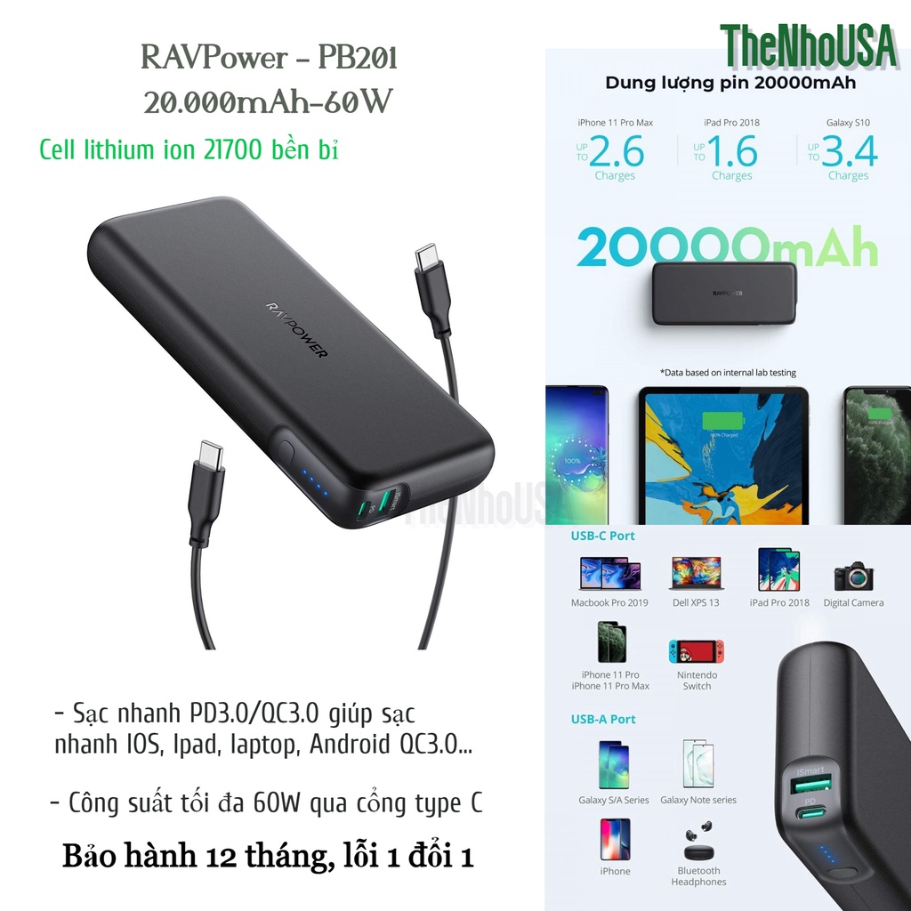 [Mã 1511ELSALE hoàn 7% đơn 300K] Sạc dự phòng RAVPower 20000mAh 60w PD3.0 (RP-PB201/CPBN004)