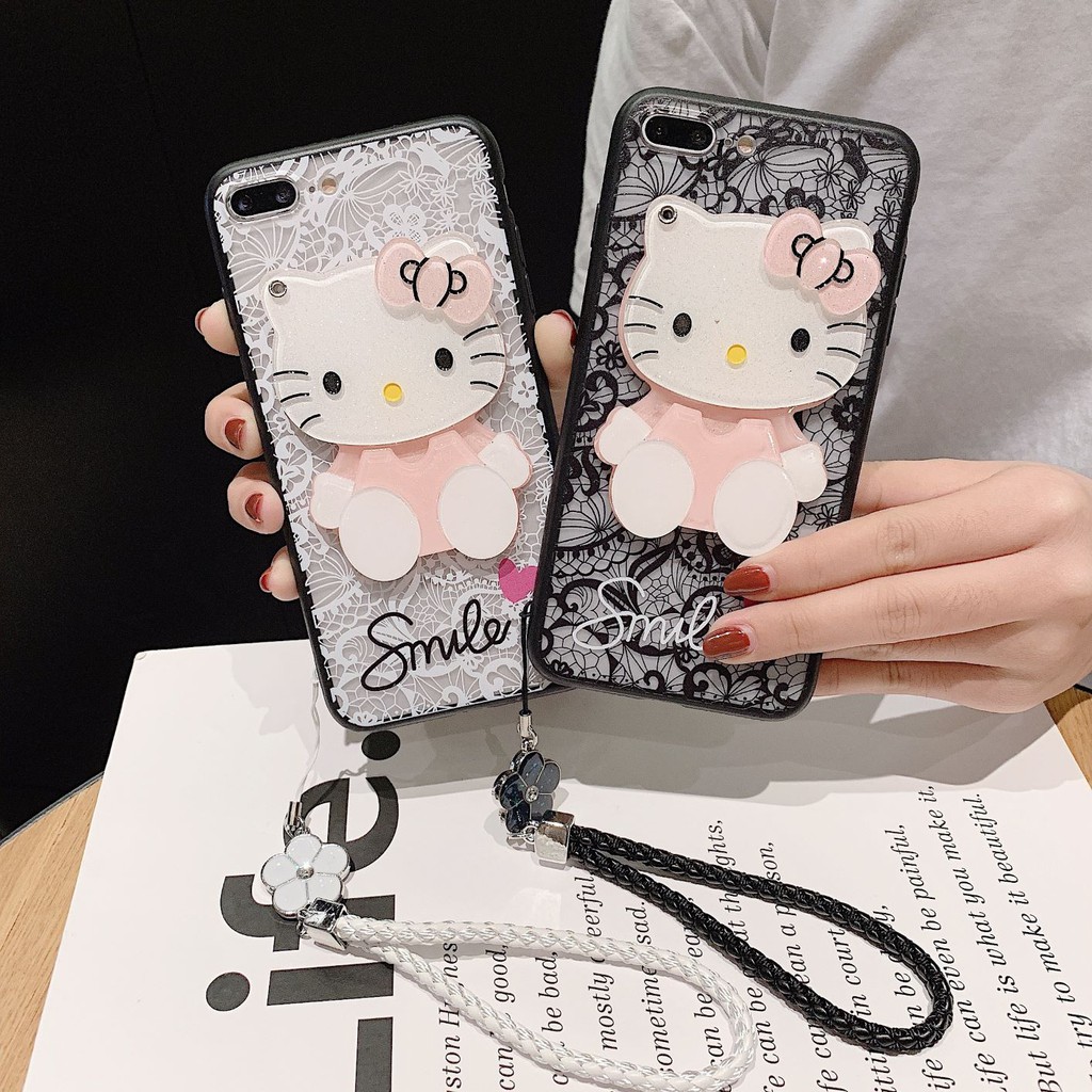 Ốp Điện Thoại Pc Thêu Ren Tích Hợp Gương Hình Hello Kitty + Dây Đeo Cho Iphone 5 6 7 8 11 12 X Xs Xr Se Plus Pro Max Mini 2020