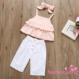 Bộ 3 món quần áo bé gái áo hai dây quần dài băng đô cài tóc cho bé 1-6 tuổi