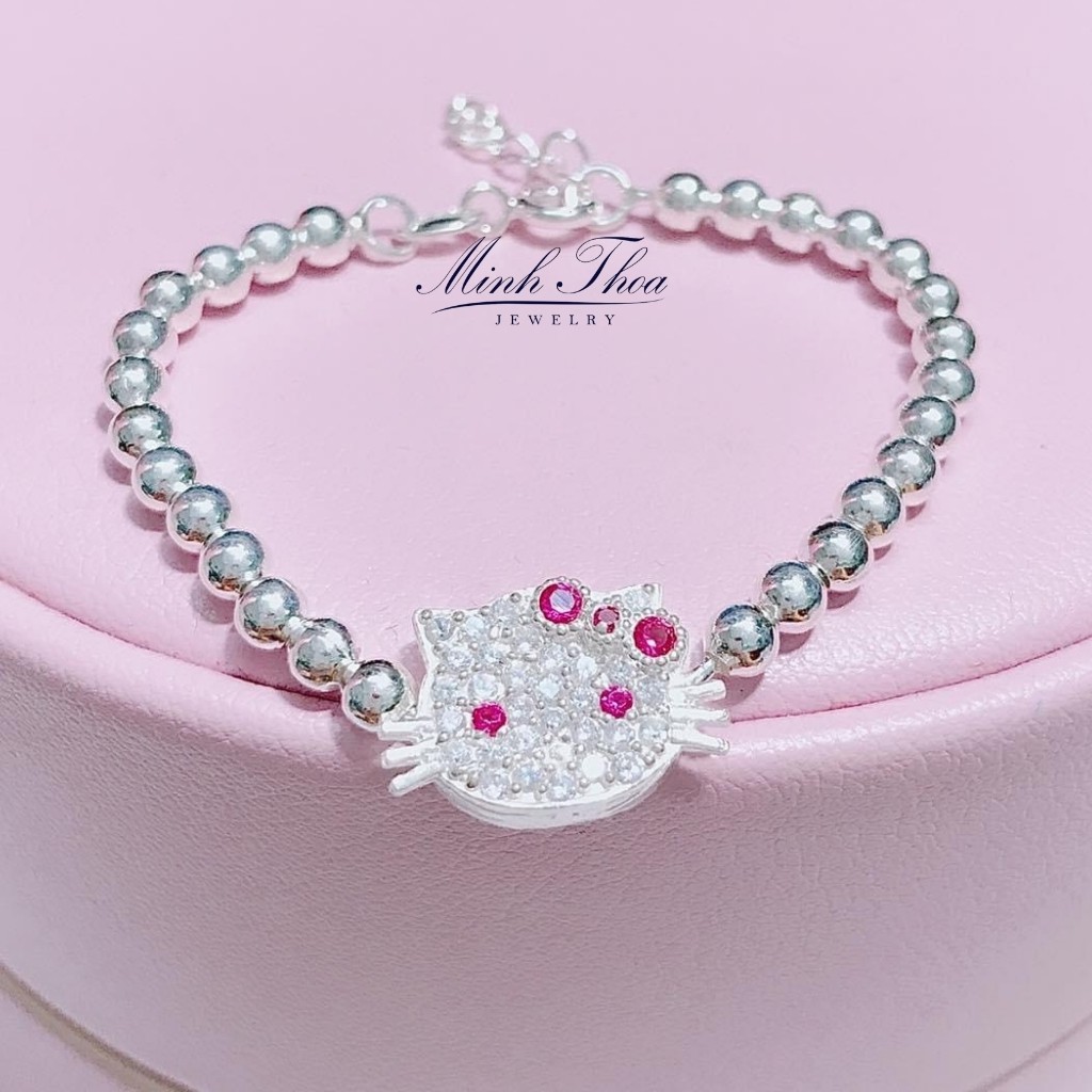 Lắc tay bi bạc kitty, vòng tay bé gái bạc nguyên chất đính đá sáng đẹp Minh Thoa JEWELRY