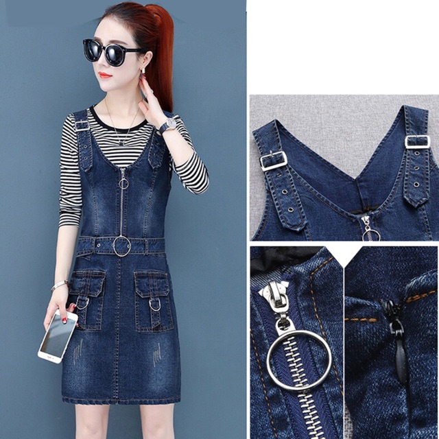 Đầm yếm suông phối dây kéo kèm dây thắt eo ảnh thật bao đẹp