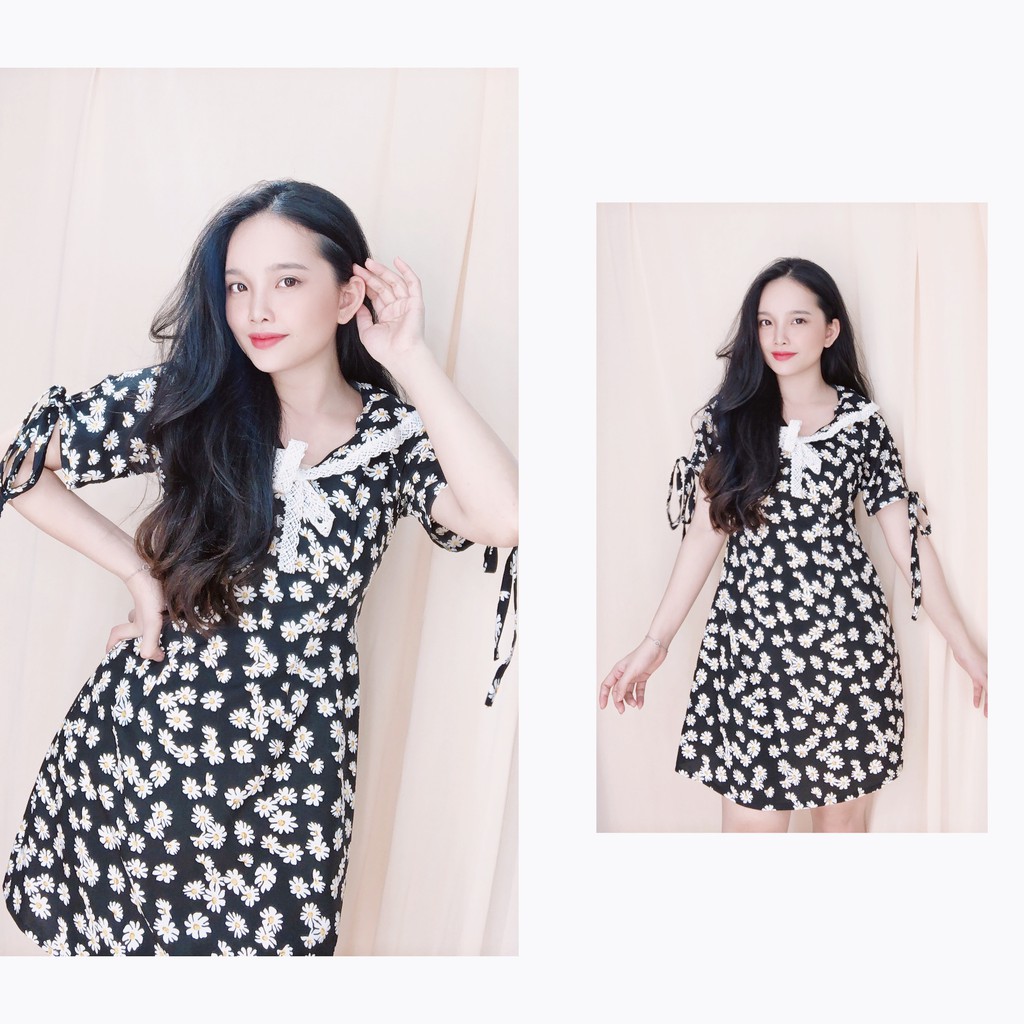 ( HOT ) Đầm Hoa cúc suông lụa hoa cổ sen phối ren