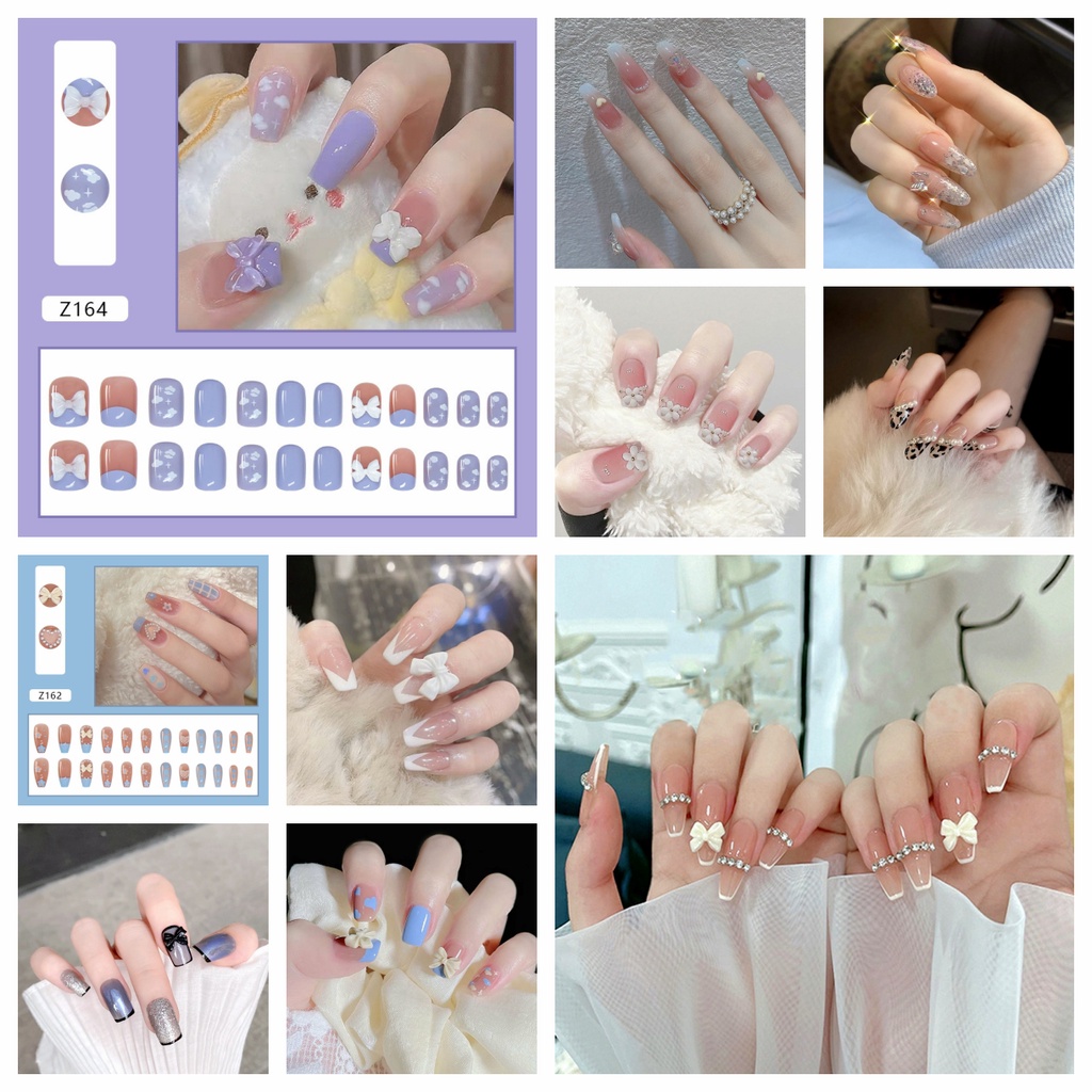 Set 24 Móng Tay Giả Thắt Nơ Thời Trang Cho Nữ