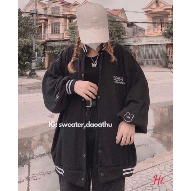 Áo bomber đen 3 gấu in tay H2A877