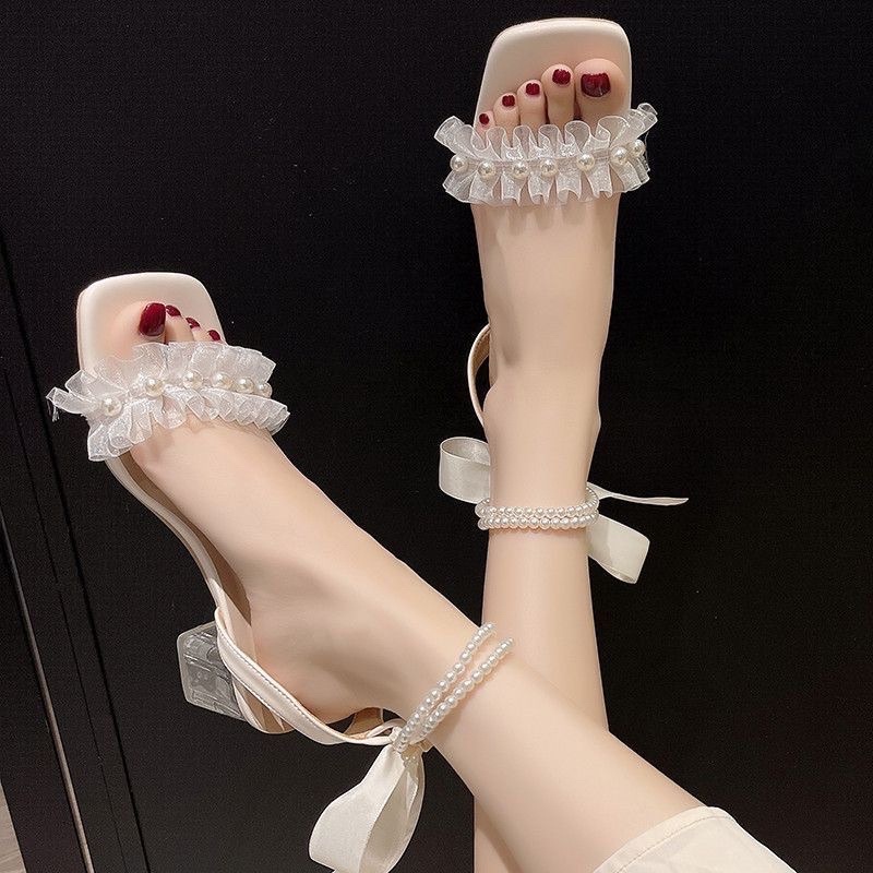 Giày sandal quai ngọc BÈO gót MICA 5p quấn ngọc cổ chân GNC-MICA