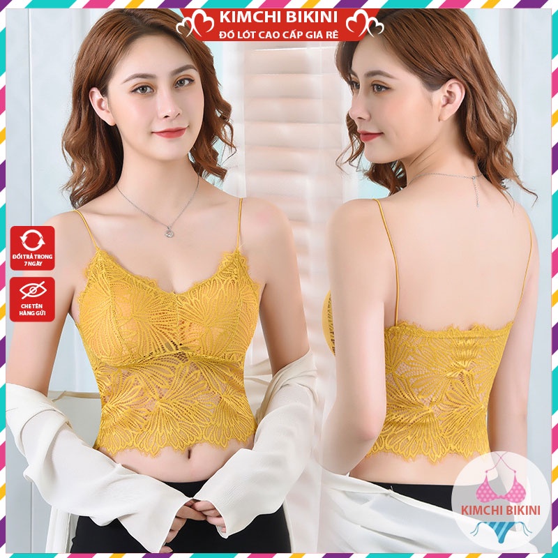[Thanh Lý] Áo bra ren hoa 2 dây dáng dài đẹp KIMCHIBIKINI lót nữ không gọng nâng ngực hở lưng bản to AL003