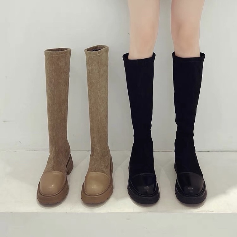 Boots nhung da lộn cổ cao dưới đầu đế 4cm có lót lông