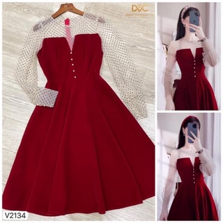 [CAO CẤP] Váy nhung phối lưới ren chấm bi - 2134
