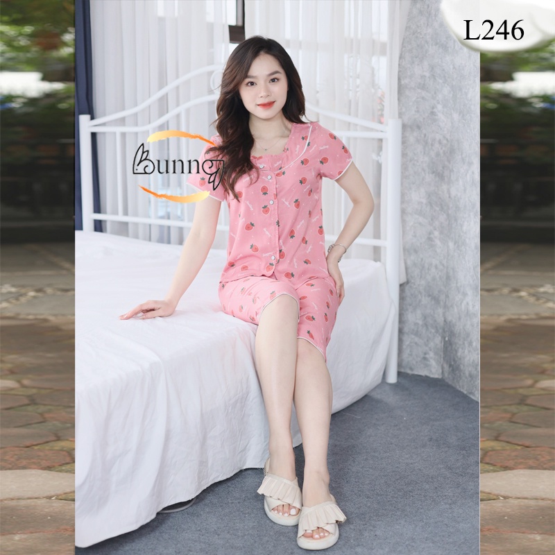 [Bunny] Đồ bộ nữ, Đồ bộ mặc nhà mẫu lửng đũi dâu đơn giản và thoải mái