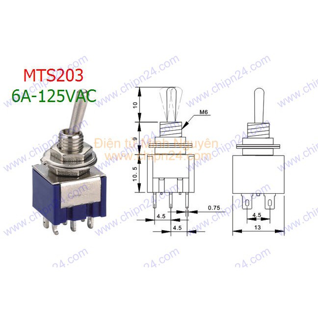 [2 CÁI] Công tắc MTS203 (Công tắc bật 3 nấc 6 chân, màu xanh 6A 125VAC)