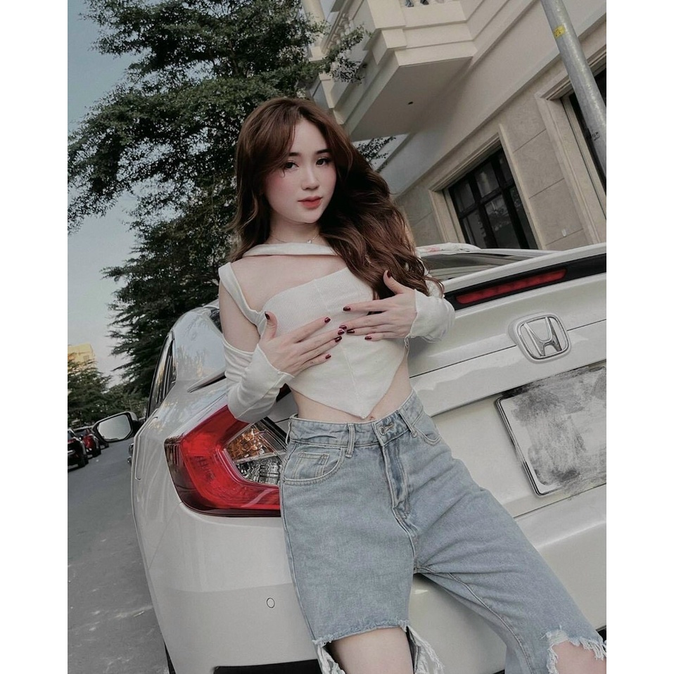 Áo yếm croptop bẹt vai tay dài dây chéo màu trắng/đen NÀNG CLOSET