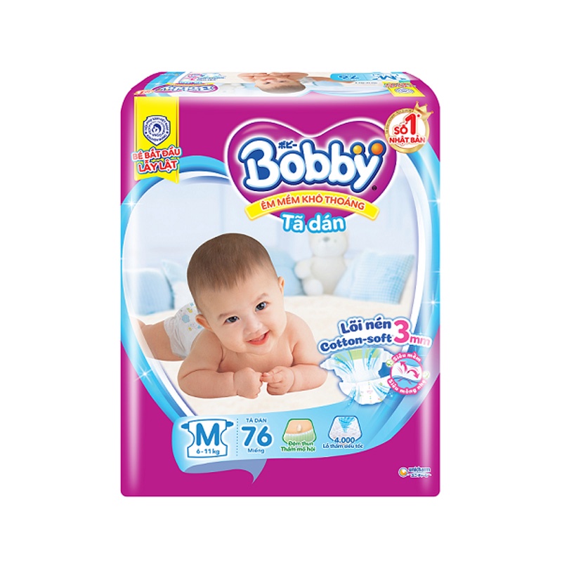 Bĩm dán bobby siêu thấm mẫu mới size M 76 miếng tặng kèm 6 miếng,tã bobby dán size L 68 miếng