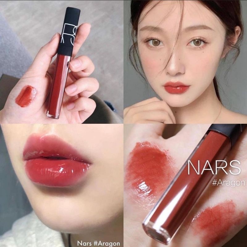 Son bóng Nars lip gloss màu Aragon đỏ cam nâu siêu xinh