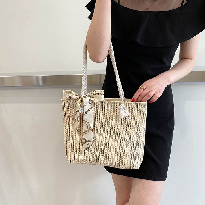 Túi Vuông Cói Lớn Quai Đeo Thừng Phối Dây Vải Xinh