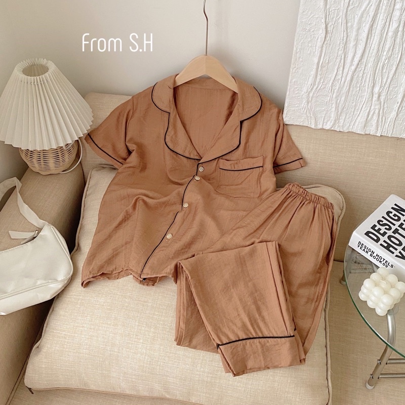 Sét bộ ngủ pyjama chất đũi xươc  trơn cổ vest