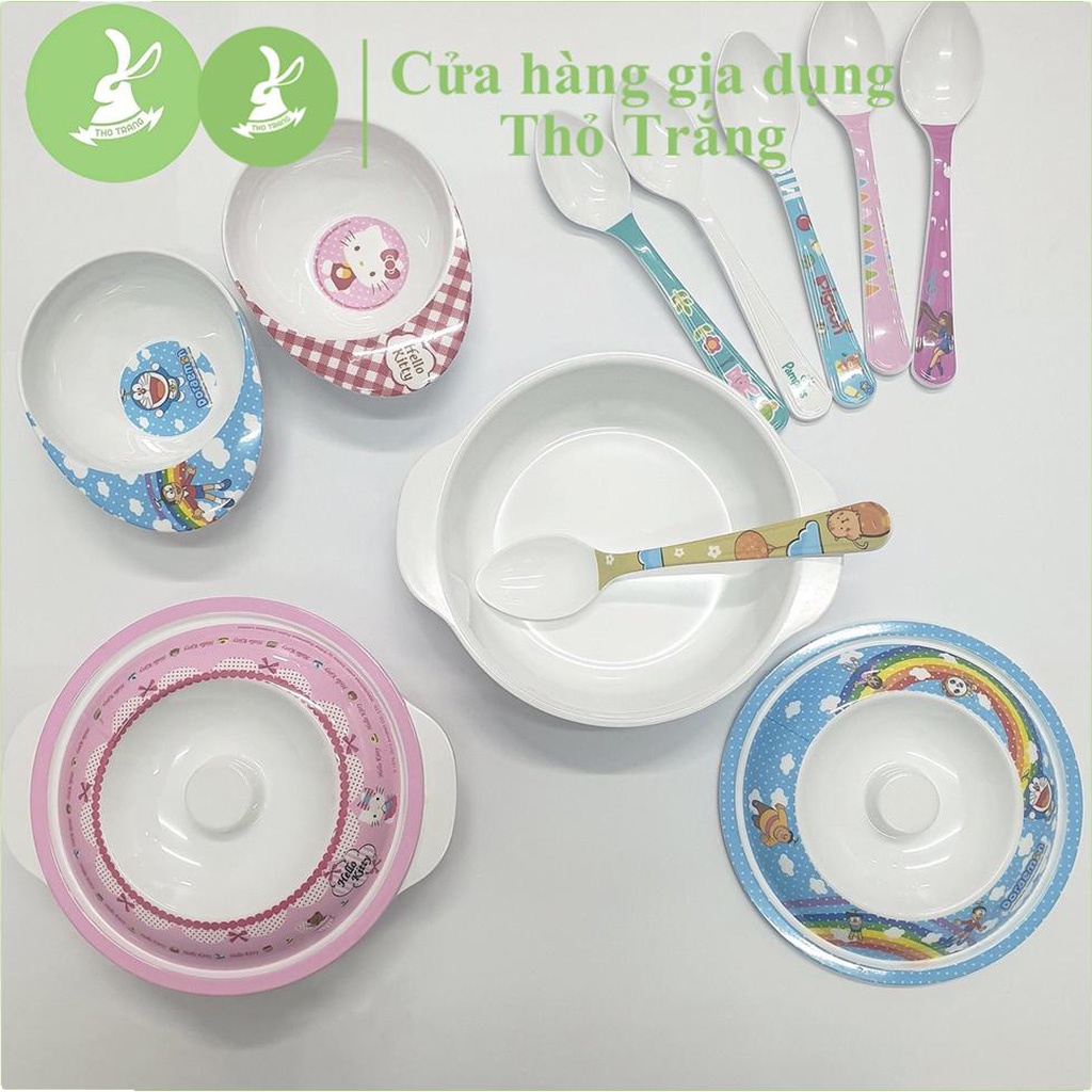 Chén bát muỗng ăn dặm hoạt hình dễ thương chống rơi nhựa melamine cao cấp