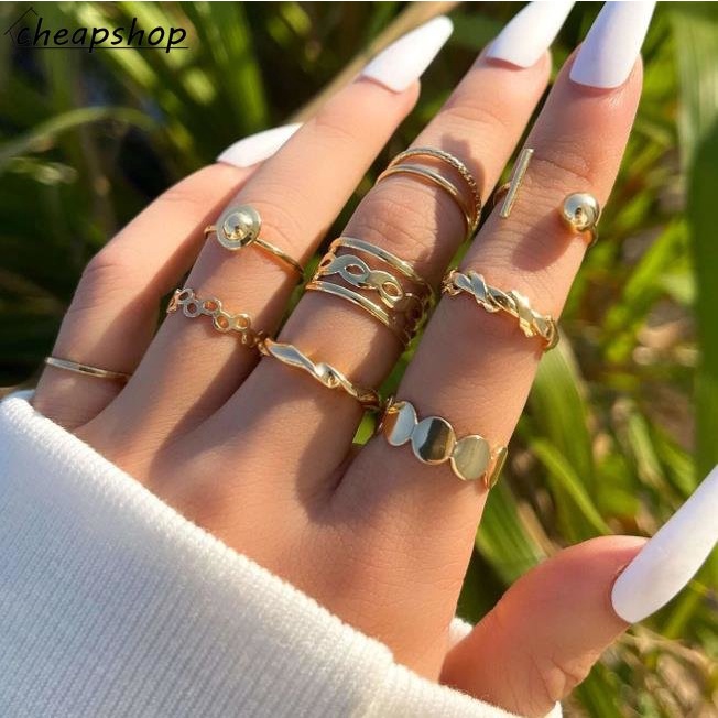 iF YOU Set 9 Nhẫn Nhiều Lớp Mạ Vàng Phong Cách Cổ Điển Thanh Lịch Dành Cho Nữ