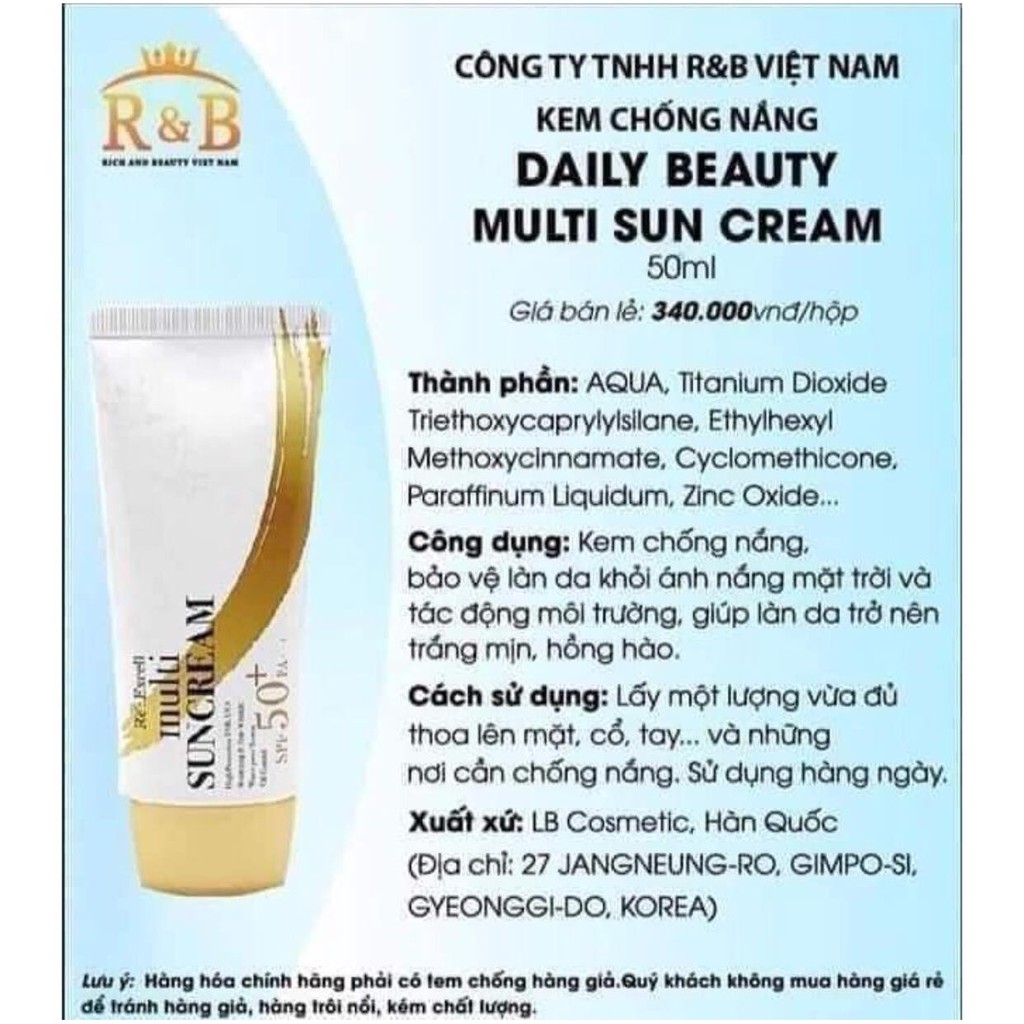 Kem Chống Nắng vật lý Multi Sun Cream SPF 50+/PA+++, nhập khẩu Hàn Quốc, nâng tông trắng mịn (tặng kèm bông)