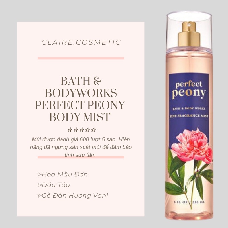 [Bill] Xịt Thơm Perfect Peony Body Mist Bath and bodyworks