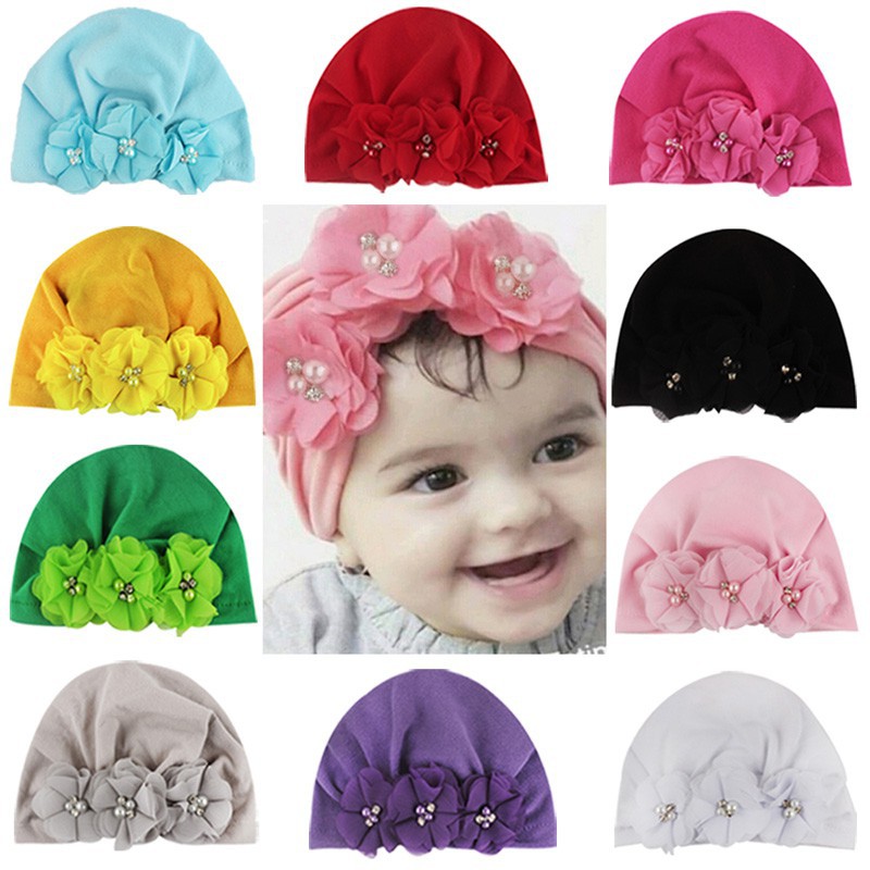 Mũ kiểu turban mềm mại đàn hồi thiết kế hoa và ngọc trai dành cho bé gái bé trai sơ sinh