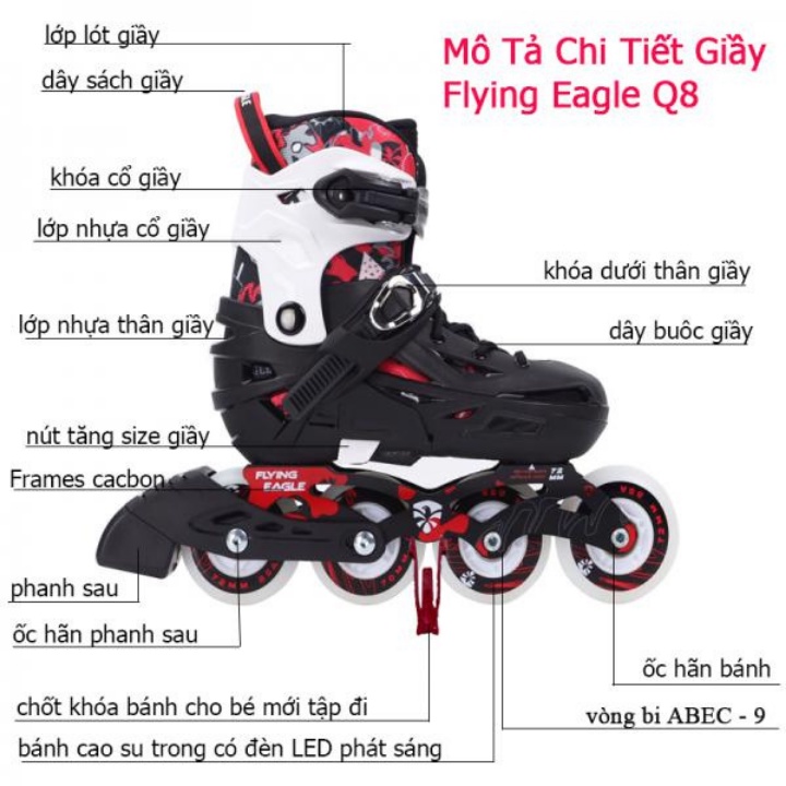 Giày Trượt Patin Flying Eagle Q8 (8 BÁNH SÁNG)MẪU MỚI SIÊU HOT - TẶNG BẢO VỆ CHÍNH HÃNG+ TÚI