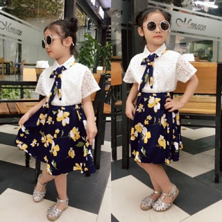 Áo sơ mi pha ren kèm chân váy lụa cho bé(Ảnh thật)