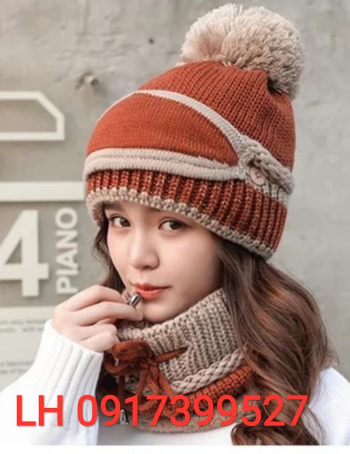 Nón len nữ mũ Len nữ kèm khăn choàng + khẩu trang y hình thời trang Hàn Quốc