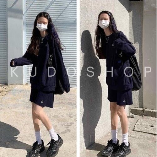 Bộ áo thun tay dài in hình mặt cười kèm quần đùi KUDOSHOP Bộ thu đông nữ mặc đi dạo phố, đi chơi trẻ trung