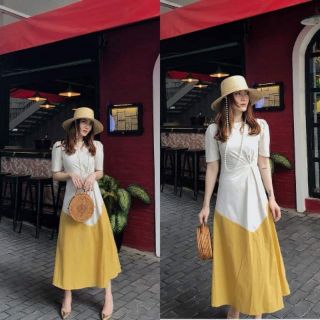 Đầm xòe form dài phối màu nhúng eo