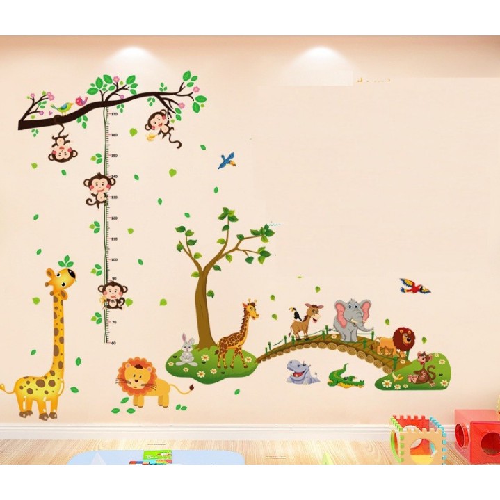 BỘ COMBO DECAL GHÉP ĐÔI TRANG TRÍ - Thước Đo Khỉ kết hợp Cây Cầu Gỗ Thú ( 2 TẤM )