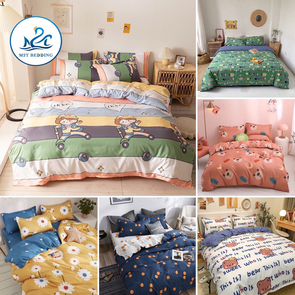 Bộ chăn ga gối sét hè Cotton Poly M2T bedding chăn ga Hàn Quốc miễn phí bo chun drap ga giường - xả kho