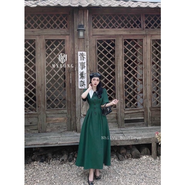 ĐẦM MIDI PHỐI CỔ TRẮNG TIỂU THƯ CHIẾC LY EO GB6