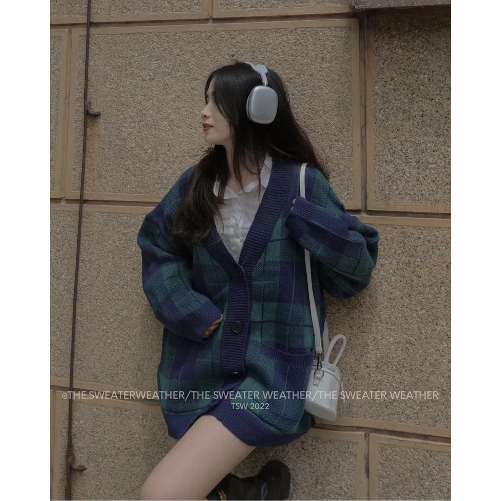[Ảnh thật/Sẵn] Áo khoác cadigan len mịn kẻ caro 2 màu dáng rộng ulzzang