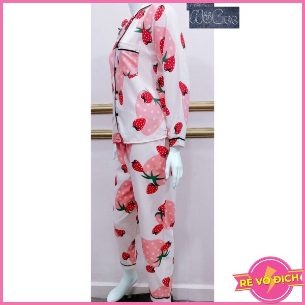 [FREESIZE] Đồ Bộ Quần Áo Ngủ Nữ Mặc Nhà Đẹp Pijama Cao Cấp HUGEE Chất Vải Thái Loại 1 Màu Hồng Họa Tiết Dâu Hồng A016