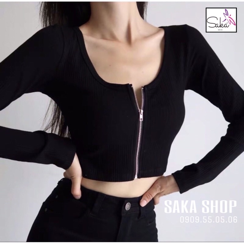 Áo croptop nữ tay dài khoá kéo đen trắng