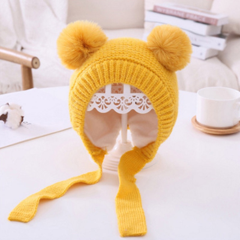 Mũ Beanie Dệt Kim Bảo Vệ Tai Đính Hai Quả Bông Đáng Yêu Cho Bé