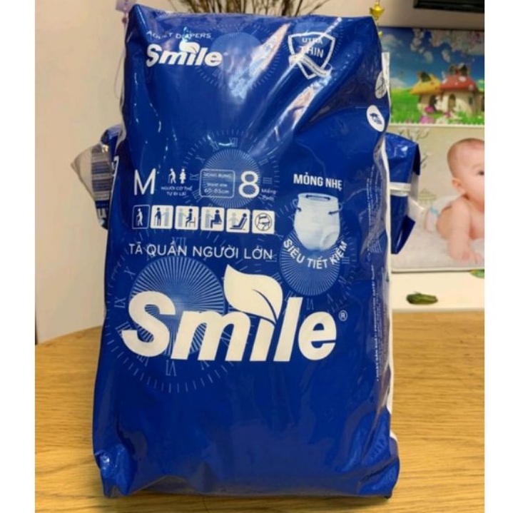 Tã bỉm quần người lớn SMILE, tã bỉm mềm mỏng kháng khuẩn thấm hút size M 8/ L 7 miếng từ 40_75kg